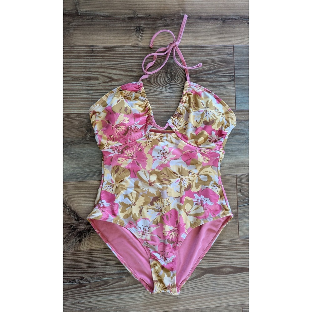 Sandflower Pink Hawaiian Floral Halter Tie Top Padded One-Piece Swimsuit Large